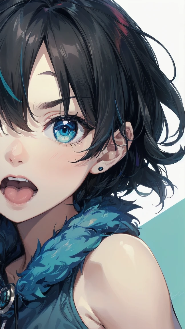 Close-up of a cartoon girl with blue hair and a yellow shirt, 2D Animation, 2D Animation style, 2D Art, 2D Art, 2D from Gorillaz, 2D from Gorillaz, 2D Gorillaz, Screaming Cerket, 2D Sprites, Jinx Face, short hair, hot pants, Small breasts, ((Black Hair, Bright blue fur inside:1.4))