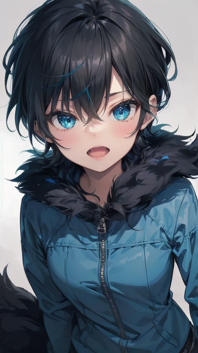 Close-up of a cartoon girl with blue hair and a yellow shirt, 2D Animation, 2D Animation style, 2D Art, 2D Art, 2D from Gorillaz, 2D from Gorillaz, 2D Gorillaz, Screaming Cerket, 2D Sprites, Jinx Face, short hair, hot pants, Small breasts, ((Black Hair, Bright blue fur inside:1.4))