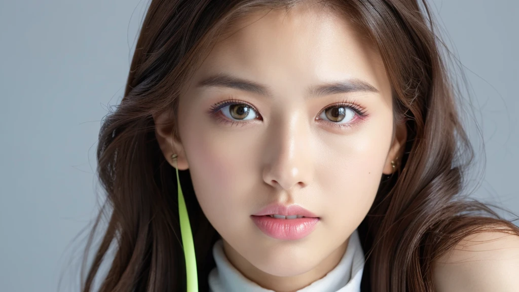 (detailed face),VIVID,pretty,sleeveless and turtle neck white silky clothes,4k ,super high resolution ,(photo-realistic: 1.7),white background,long hair,