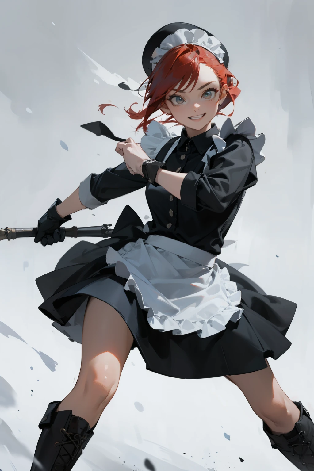 (masterpiece), ((best quality)), (super detailed), (beautiful eyes beautiful details eyes, Clean and delicate face), knee shot, solo, grin, Red bob hair, red eyes, (maid fashion, white brim), thigh, black gloves, black army boots, fighting pose