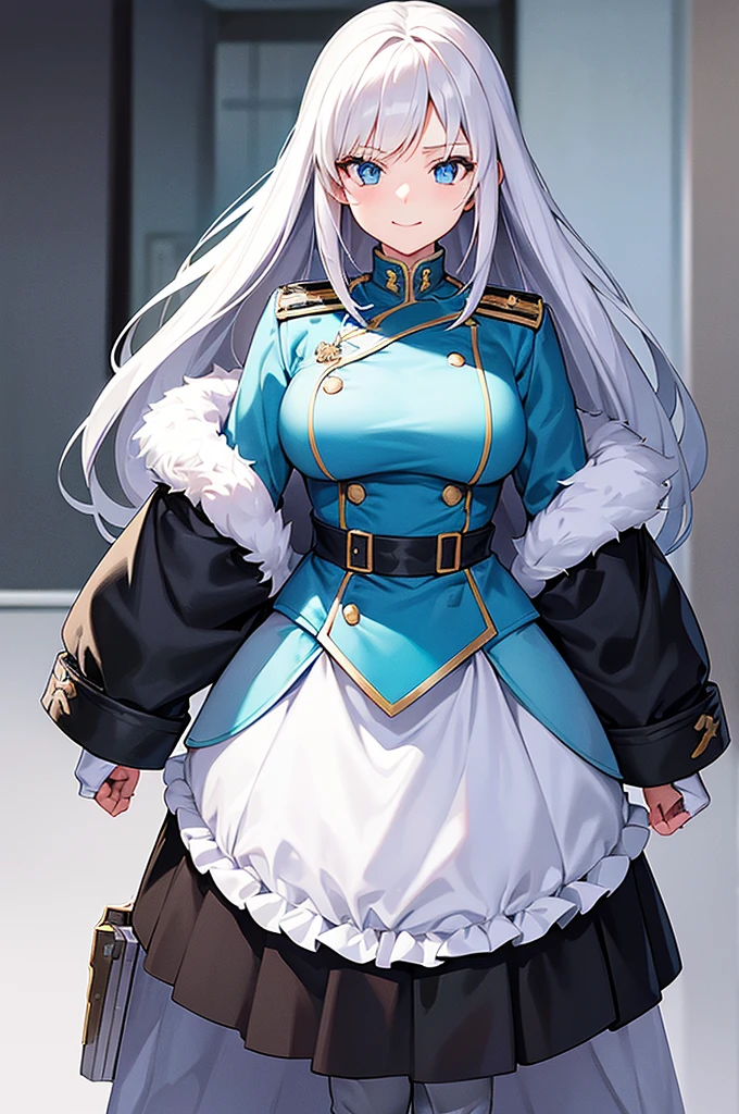 Content:
An anime woman in a military uniform. She has light blue eyes, white hair that ends halfway down her back, and knee-high military boots. She wears a confident smile, looking very mature, with her hands on her hips.
Medium:
Digital art, anime illustration.
Style:
Pixiv contest winner, fine art, with elements inspired by historical military aesthetics and anime character design.
Lighting:
Dramatic, with strong contrasts to highlight her authoritative presence and the details of her uniform. Subtle shadows to add depth and realism.
Colours:
A palette dominated by military greens, blacks, and silvers, with the light blue of her eyes and white of her hair standing out against the darker tones of her uniform.
Composition:
A full body shot with a 50mm lens. The background is a snowy scene, as if a blizzard is happening behind her. She salutes to the camera, showcasing her confidence and authority.