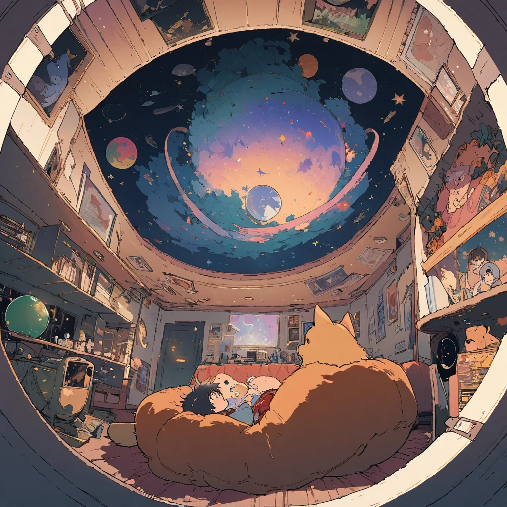 ((anime:1.4,illustration)),(masterpiece, top quality, best quality),(ultra-detailed, absolutely resolution),((16k, high res)), (((Interior, small living room, planetarium on the whole ceiling, boy and dog looking up)) ((cosy lofi illustration:1.4)), ((anime:1.4, illustration)),(masterpiece, top quality, best quality),(ultra-detailed, absolutely resolution),((16k, high res)) BREAK {lofi art, style of Laurie Greasley, style of Makoto Shinkai, anime aesthetic}, BREAK { (produces images with information than 40 million pixels with cinematic-like detailed textures shot on a Sony SLR).}
