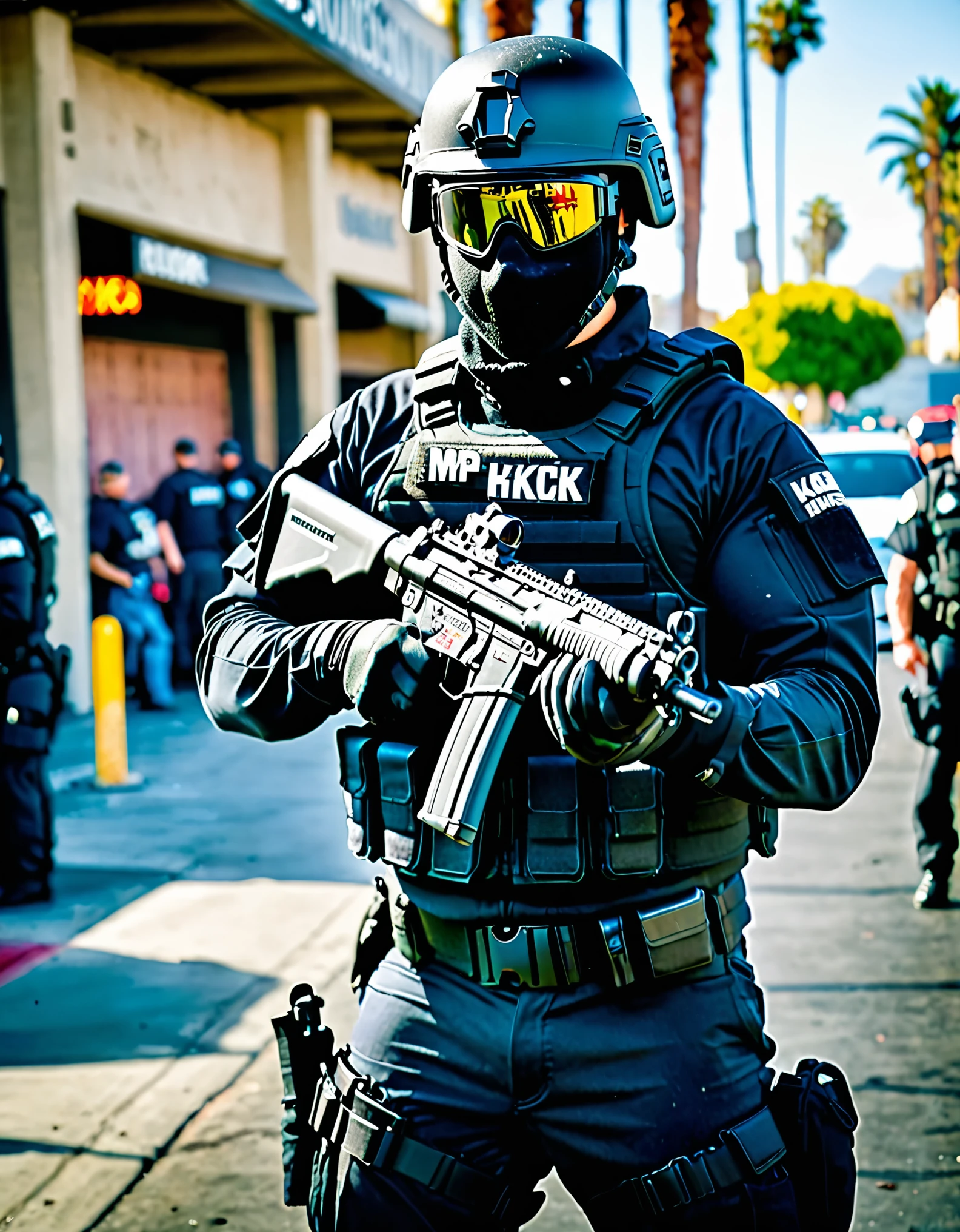 masterpiece, high quality, hires, 1man, solo, swat officer, (perfect hands, matching gloves, fingerless gloves, holding weapon, Heckler & Koch MP5), standing, on patrol, los angeles market backdrop, looking away