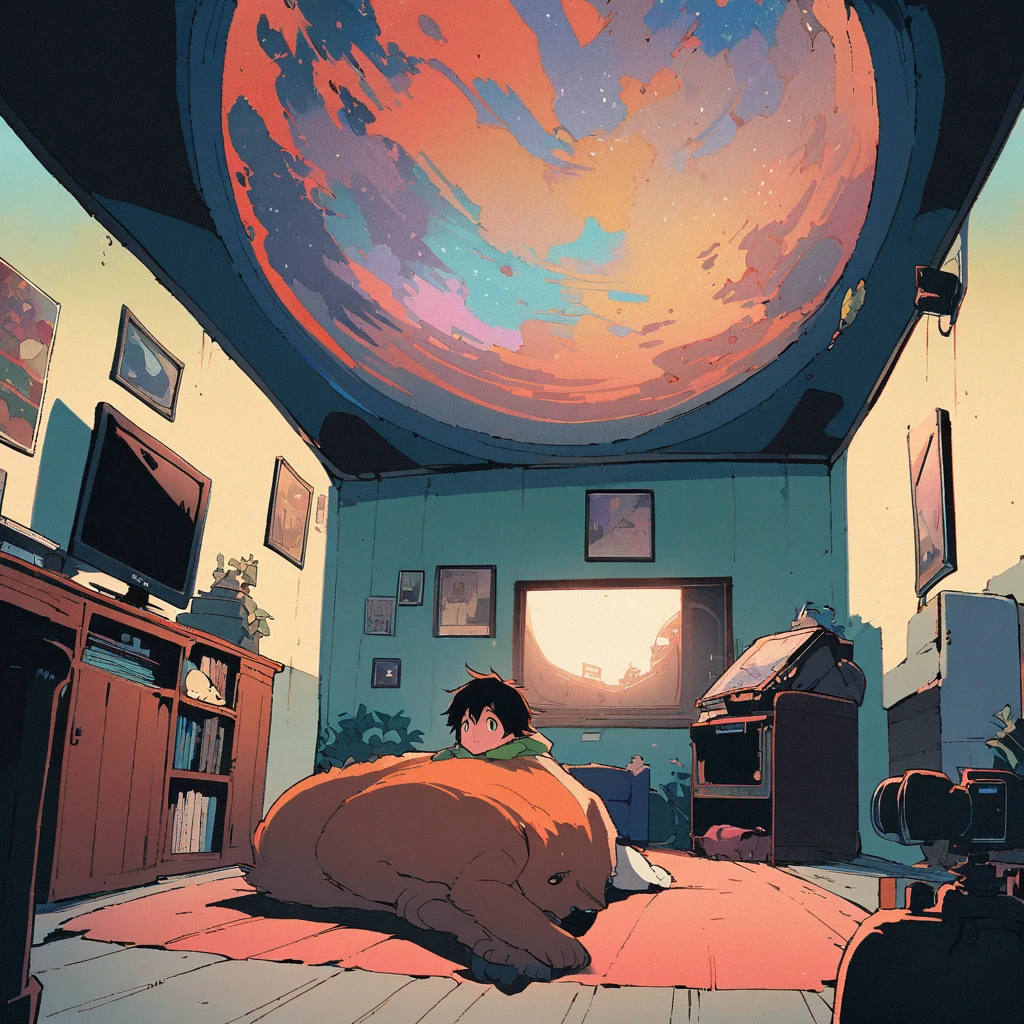 ((anime:1.4,illustration)),(masterpiece, top quality, best quality),(ultra-detailed, absolutely resolution),((16k, high res)), (((Interior, small living room, planetarium on the whole ceiling, boy and dog looking up)) ((cosy lofi illustration:1.4)), ((anime:1.4, illustration)),(masterpiece, top quality, best quality),(ultra-detailed, absolutely resolution),((16k, high res)) BREAK {lofi art, style of Laurie Greasley, style of Makoto Shinkai, anime aesthetic}, BREAK { (produces images with information than 40 million pixels with cinematic-like detailed textures shot on a Sony SLR).}
