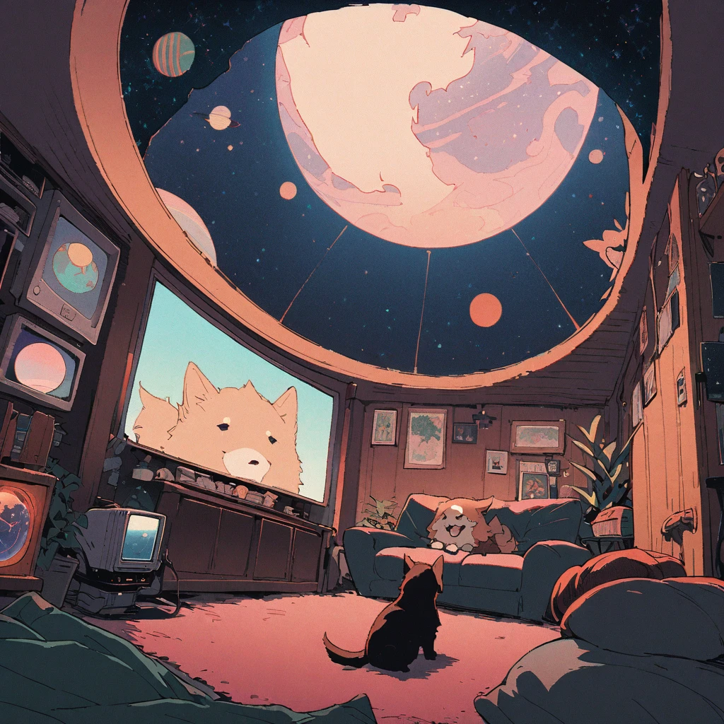 ((anime:1.4,illustration)),(masterpiece, top quality, best quality),(ultra-detailed, absolutely resolution),((16k, high res)), (((Interior, small living room, planetarium on the whole ceiling, boy and dog looking up)) ((cosy lofi illustration:1.4)), ((anime:1.4, illustration)),(masterpiece, top quality, best quality),(ultra-detailed, absolutely resolution),((16k, high res)) BREAK {lofi art, style of Laurie Greasley, style of Makoto Shinkai, anime aesthetic}, BREAK { (produces images with information than 40 million pixels with cinematic-like detailed textures shot on a Sony SLR).}