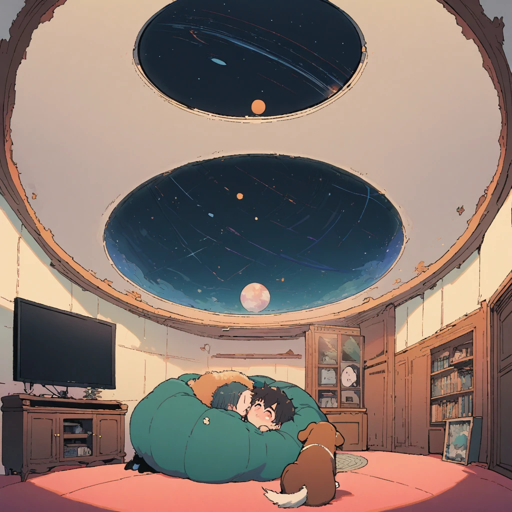 ((anime:1.4,illustration)),(masterpiece, top quality, best quality),(ultra-detailed, absolutely resolution),((16k, high res)), (((Interior, small living room, planetarium on the whole ceiling, boy and dog looking up)) ((cosy lofi illustration:1.4)), ((anime:1.4, illustration)),(masterpiece, top quality, best quality),(ultra-detailed, absolutely resolution),((16k, high res)) BREAK {lofi art, style of Laurie Greasley, style of Makoto Shinkai, anime aesthetic}, BREAK { (produces images with information than 40 million pixels with cinematic-like detailed textures shot on a Sony SLR).}