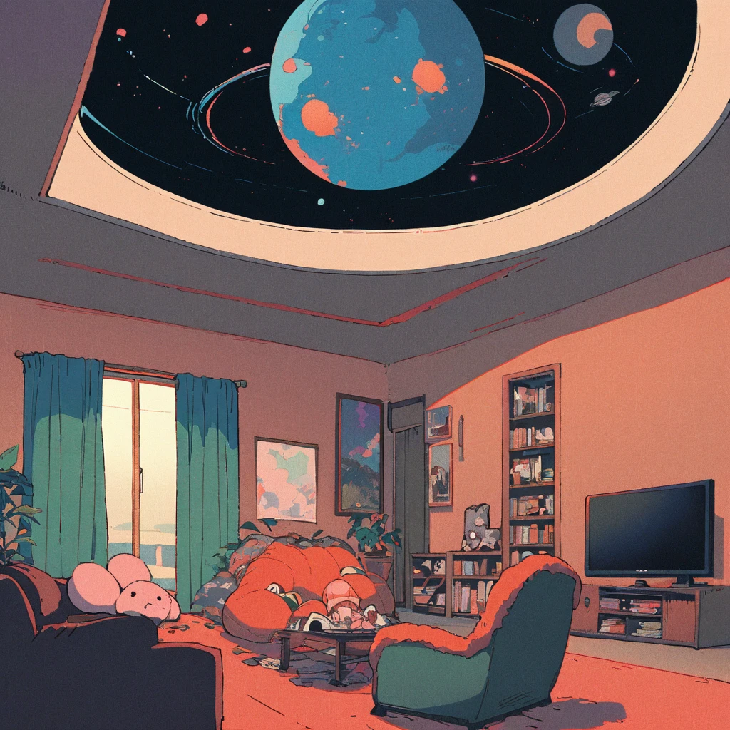 ((anime:1.4,illustration)),(masterpiece, top quality, best quality),(ultra-detailed, absolutely resolution),((16k, high res)), (((Interior, small living room, planetarium on the whole ceiling, boy and dog looking up)) ((cosy lofi illustration:1.4)), ((anime:1.4, illustration)),(masterpiece, top quality, best quality),(ultra-detailed, absolutely resolution),((16k, high res)) BREAK {lofi art, style of Laurie Greasley, style of Makoto Shinkai, anime aesthetic}, BREAK { (produces images with information than 40 million pixels with cinematic-like detailed textures shot on a Sony SLR).}