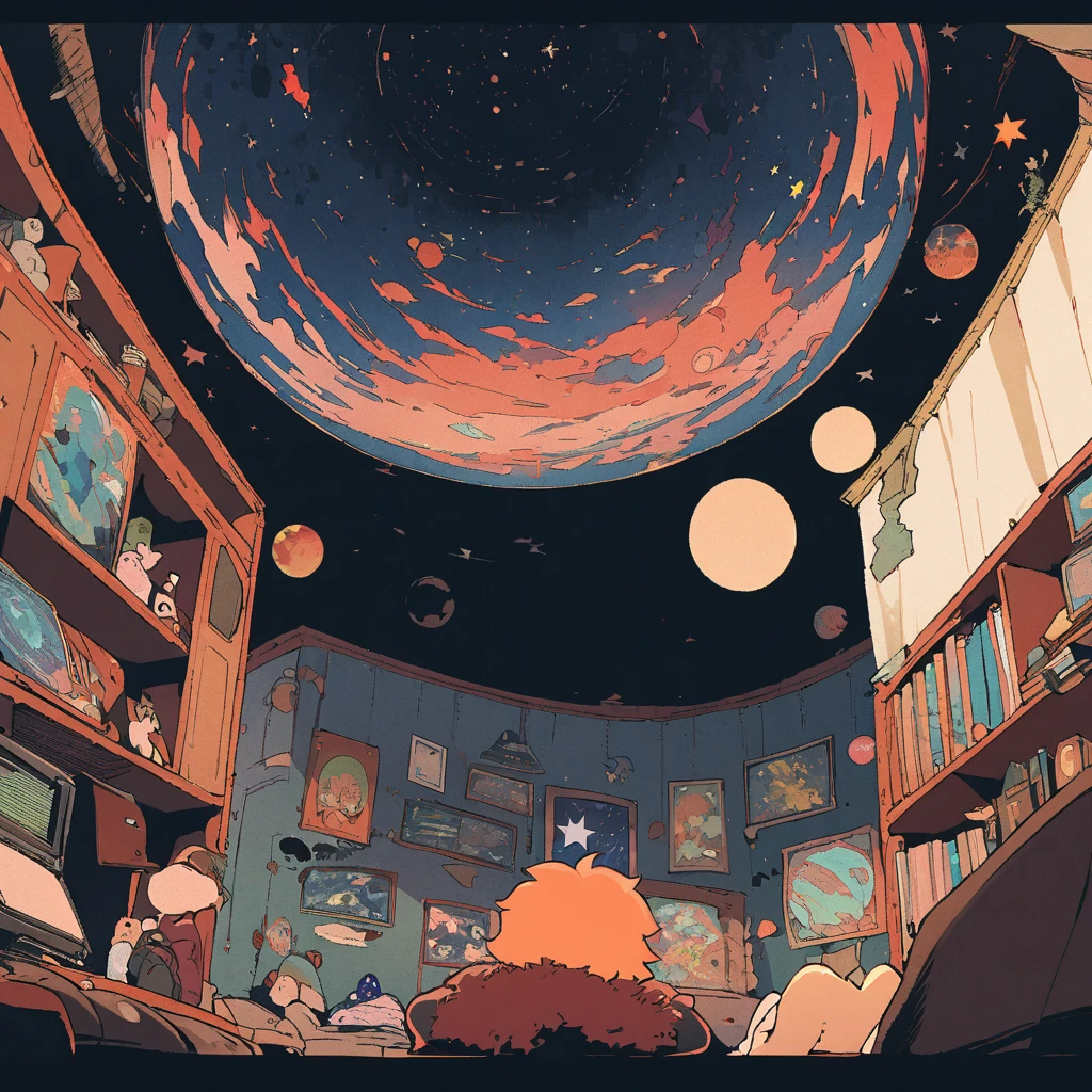 ((anime:1.4,illustration)),(masterpiece, top quality, best quality),(ultra-detailed, absolutely resolution),((16k, high res)), (((Interior, small living room, planetarium on the whole ceiling, boy and dog looking up)) ((cosy lofi illustration:1.4)), ((anime:1.4, illustration)),(masterpiece, top quality, best quality),(ultra-detailed, absolutely resolution),((16k, high res)) BREAK {lofi art, style of Laurie Greasley, style of Makoto Shinkai, anime aesthetic}, BREAK { (produces images with information than 40 million pixels with cinematic-like detailed textures shot on a Sony SLR).}