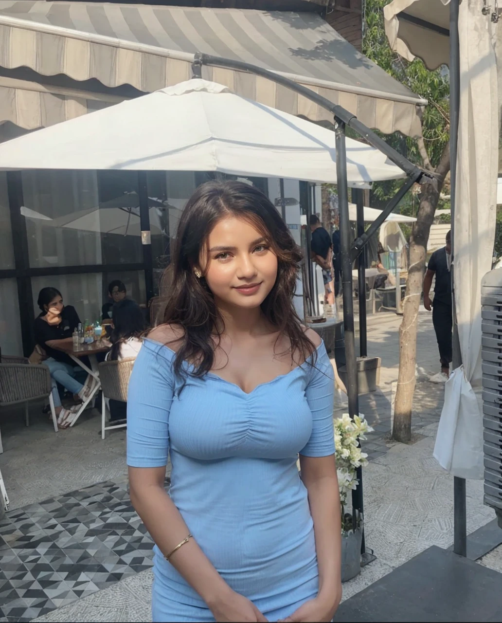 , show more cleavage, change outfit to white shirt