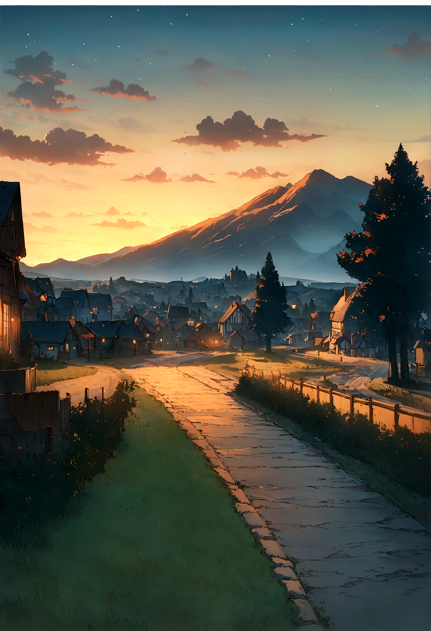 Backgrounds, Silvagenitus, 5 AM, town, trees, grass, road, mountains, sparkling water, anime, Makoto Shinkai style, masterpiece, top quality, ultra high definition, absurdres, hyper detailed, 8K