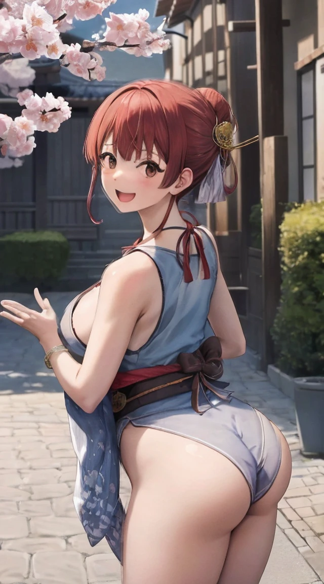 masterpiece, Highest quality, High resolution, we (one piece), Long Hair, , Low Ponytail, , clavicle, Cleavage, Short kimono, Blue kimono, Sleeveless, Bare arms, bracelet, sash, heart, Are standing,, wave hands, Outdoor, cherry blossoms, smile, Open your mouth,Side bust,big ,極端にShort kimono丈,big Butt,plump,Voluptuous body,rise,Tight ass,plumpの太もも,Open kimono,