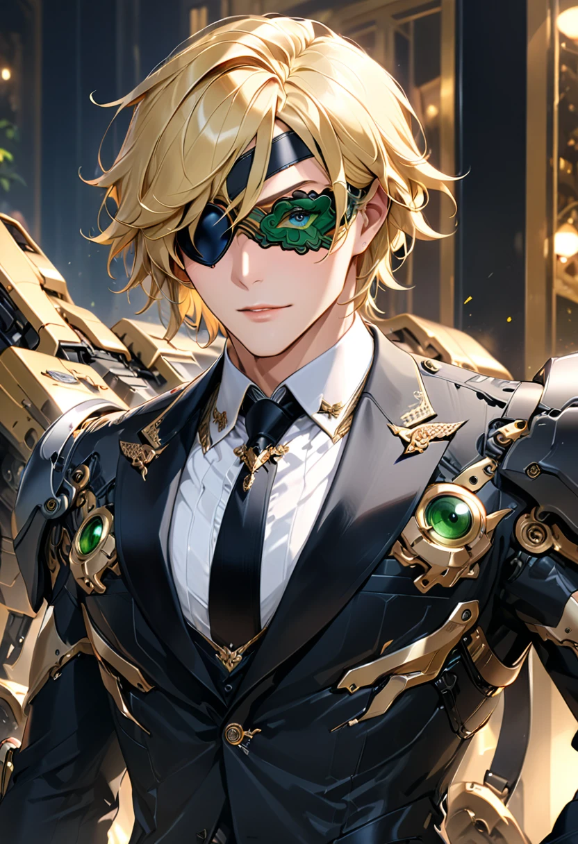 Arafed a picture of a human male spy, wearing dark suit, wearing ((mecha eye patch)), ((eye patch covering only one eye: 1.5))exquisite beautiful male, blond hair, short crop hair, green eyes, eye patch has intricate mechanical part in it, high society gala event background, (Masterpiece: 1.5), 16k, highres, best quality, high details, ultra detailed, masterpiece, best quality, (extremely detailed), 