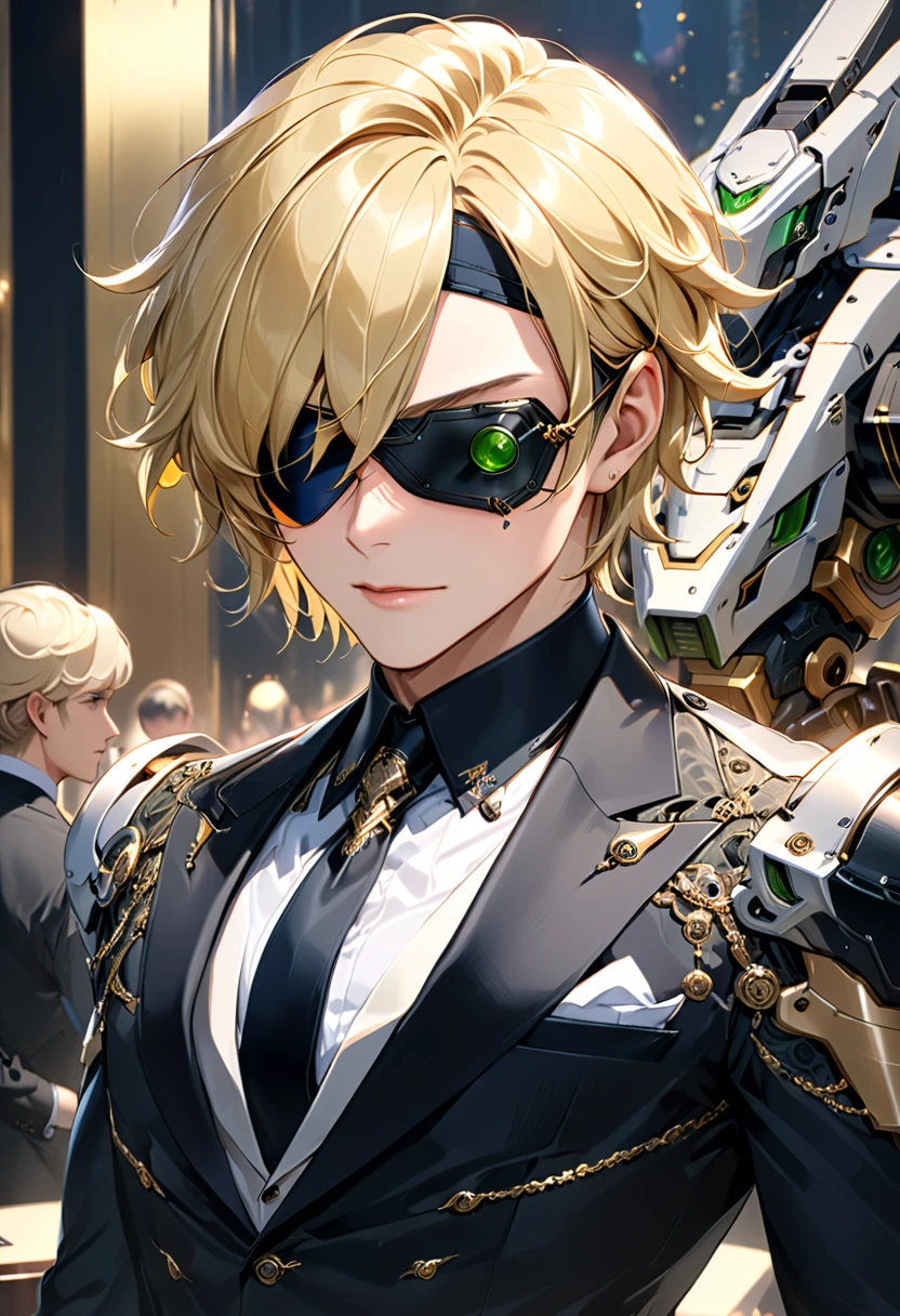 Arafed a picture of a human male spy, wearing dark suit, wearing ((mecha eye patch)), ((eye patch covering only one eye: 1.5))exquisite beautiful male, blond hair, short crop hair, green eyes, eye patch has intricate mechanical part in it, high society gala event background, (Masterpiece: 1.5), 16k, highres, best quality, high details, ultra detailed, masterpiece, best quality, (extremely detailed), 