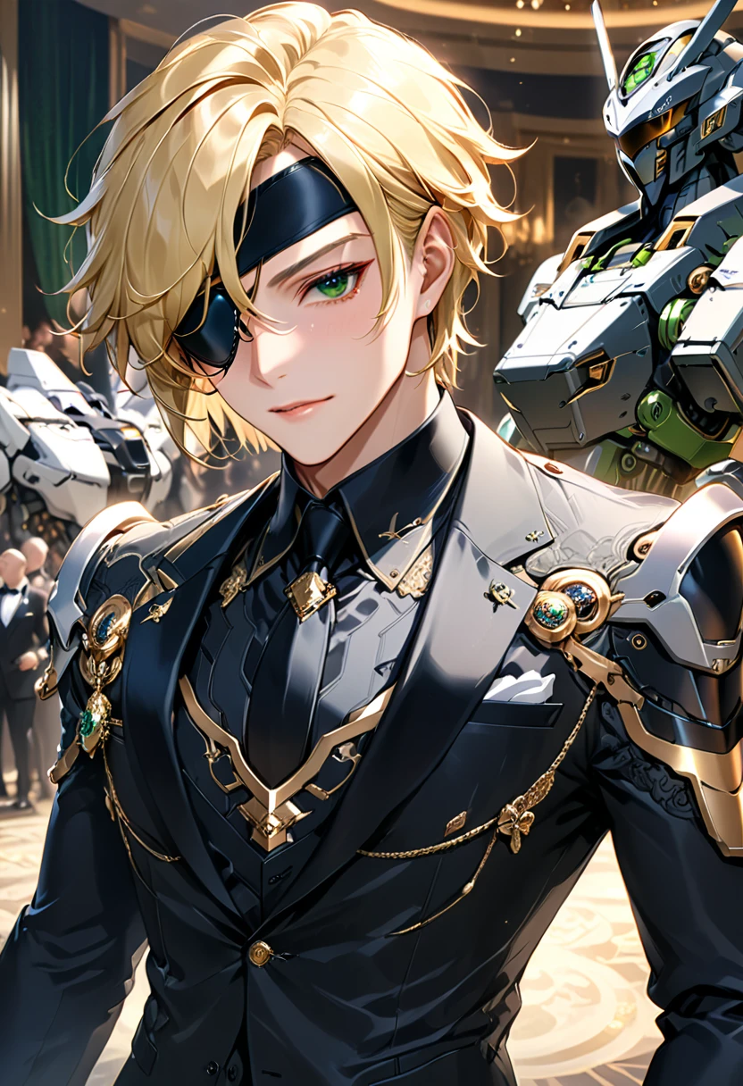 Arafed a picture of a human male spy, wearing dark suit, wearing ((mecha eye patch)), ((eye patch covering only one eye: 1.5))exquisite beautiful male, blond hair, short crop hair, green eyes, eye patch has intricate mechanical part in it, high society gala event background, (Masterpiece: 1.5), 16k, highres, best quality, high details, ultra detailed, masterpiece, best quality, (extremely detailed), 