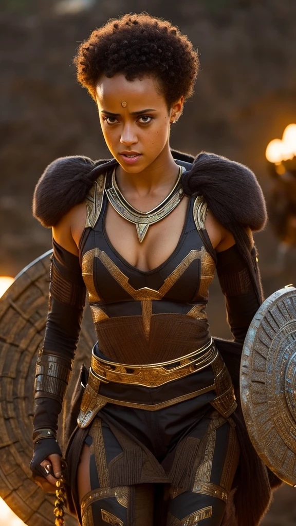 Extremely gorgeous Nathalie Emmanuel AS A WAKANDAN WARRIOR, stunning beauty, thick bulky figure, fleshy body, DETAILS, sexy wakandan costumes, GOOD SKIN, highly detailed, shining skin, skin pores, sharp focus, amazing details,