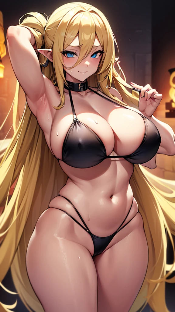 women, long blonde hair, black bikini, lustful eyes, hairstyle features long, flowing locks that fall straight down, with some parts tucked behind her ears, smirk, curvy, hips, thicc, a bit mascular, wide shoulder arms up, armpits, sweat, steam, very detail