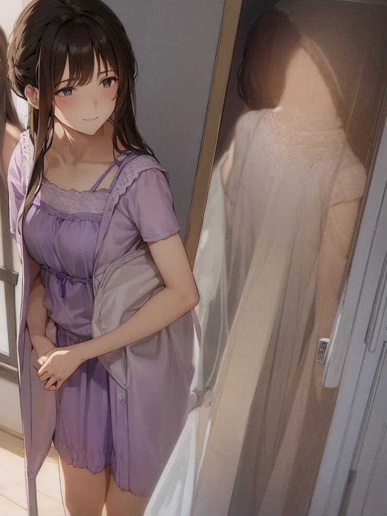 A young woman in a lavender bra and panties set is standing in front of a window. The woman has long brown hair and is looking at the camera with a smile. The image is taken from a slightly low angle.