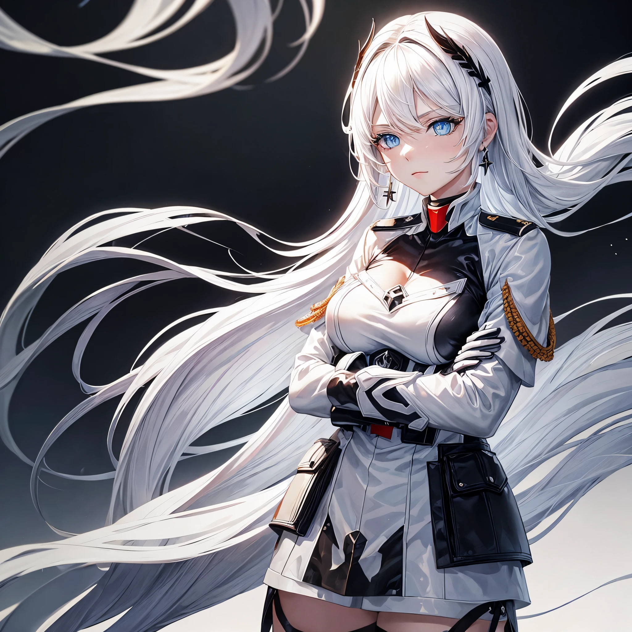 White hair, blue eyes, beautiful female, black military uniform, white leather clothing, black leather clothing, black gloves, crossed arms