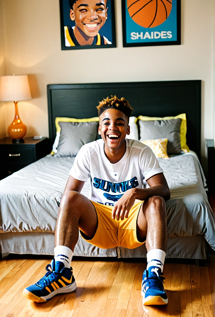 Black boy, socks, short basketball shorts, style flair, sunny, smile, happy, golden brown, thighs, room, comfortable, relaxed, laughing, laying down