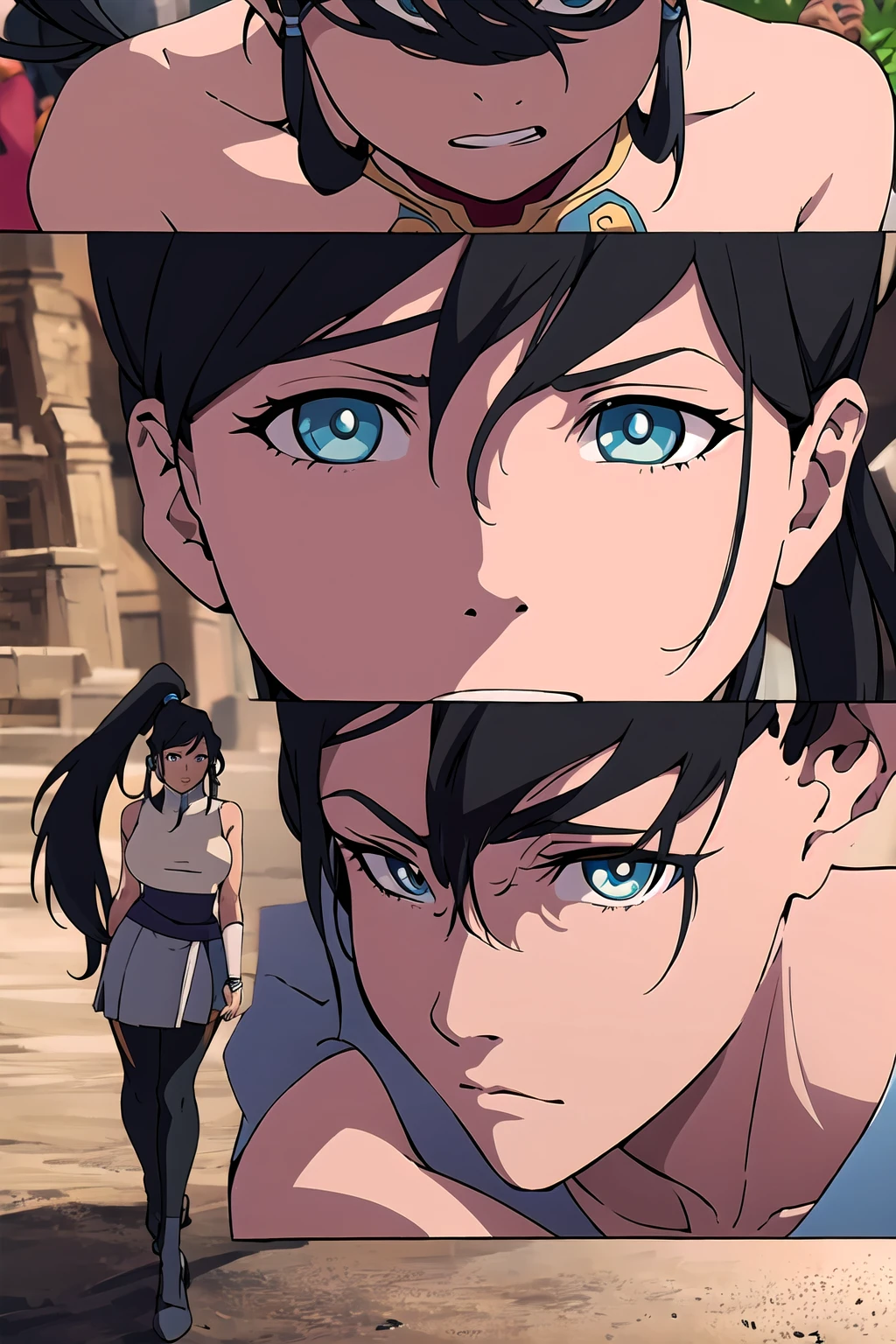 avatarkorra, korra, long hair, black hair, ponytail, dark skin, dark-skinned female, topknot, BREAK , BREAK looking at viewer, BREAK outdoors, BREAK (masterpiece:1.2), best quality, high resolution, unity 8k wallpaper, (illustration:0.8), (beautiful detailed eyes:1.6), extremely detailed face,  , (perfect hands, perfect anatomy), in full growth,the city in the background,(micro skirt,bottom view:1.4),(micro bikini, medium tits,thongs,stockings,cum:1.2),heels, muscular,egs spread