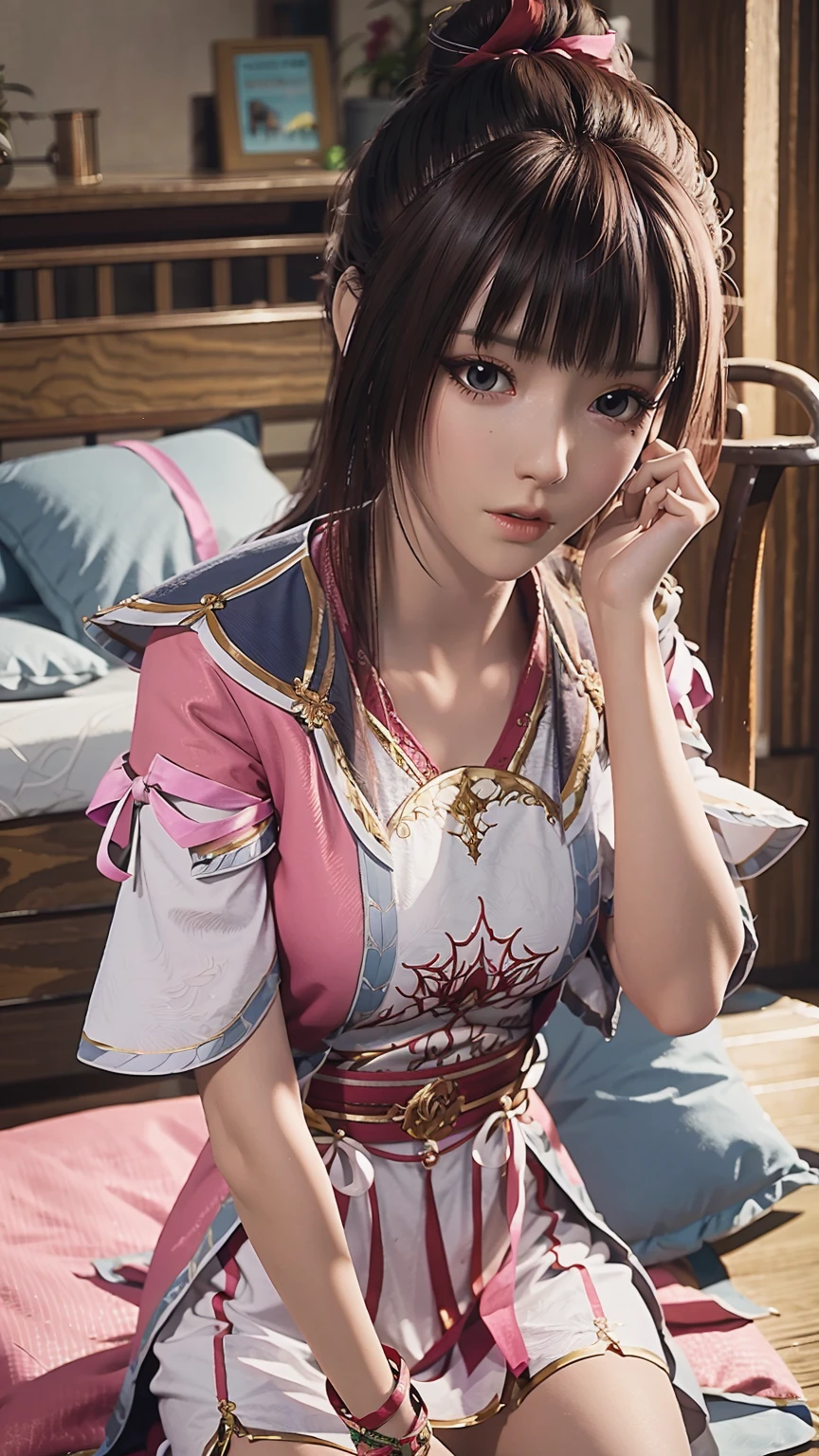 一个女孩Lying in bed,Face up,Raise your legs slightly,Front view super detailed beautiful big breasted girl 16 years old. Ultra HD, 4k, 8K, Movie,whole body,Lying down,Long legs,Very big breasts,whole body捕捉,(((Lying in bed))),(((whole bodyLying in bed))),Pink bed,Off-shoulder,Shoulder-length skirt,Lying in bed,Sleeping on the pillow,Lying down,Headrest pillows