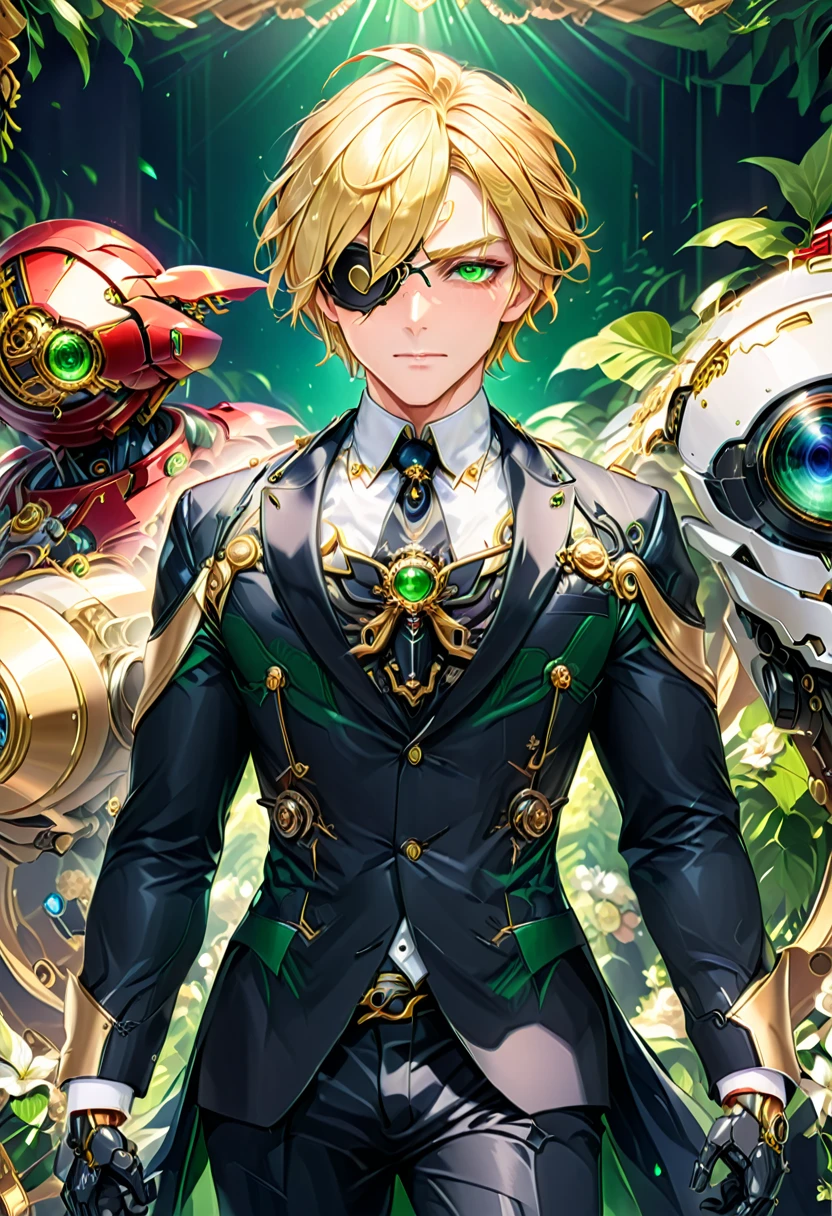 Arafed a picture of a human male spy, wearing dark suit, wearing ((mecha eye patch)), ((eye patch covering only one eye: 1.5))exquisite beautiful male, blond hair, short crop hair, green eyes, eye patch has intricate mechanical part in it, high society gala event background, (Masterpiece: 1.5), 16k, highres, best quality, high details, ultra detailed, masterpiece, best quality, (extremely detailed),