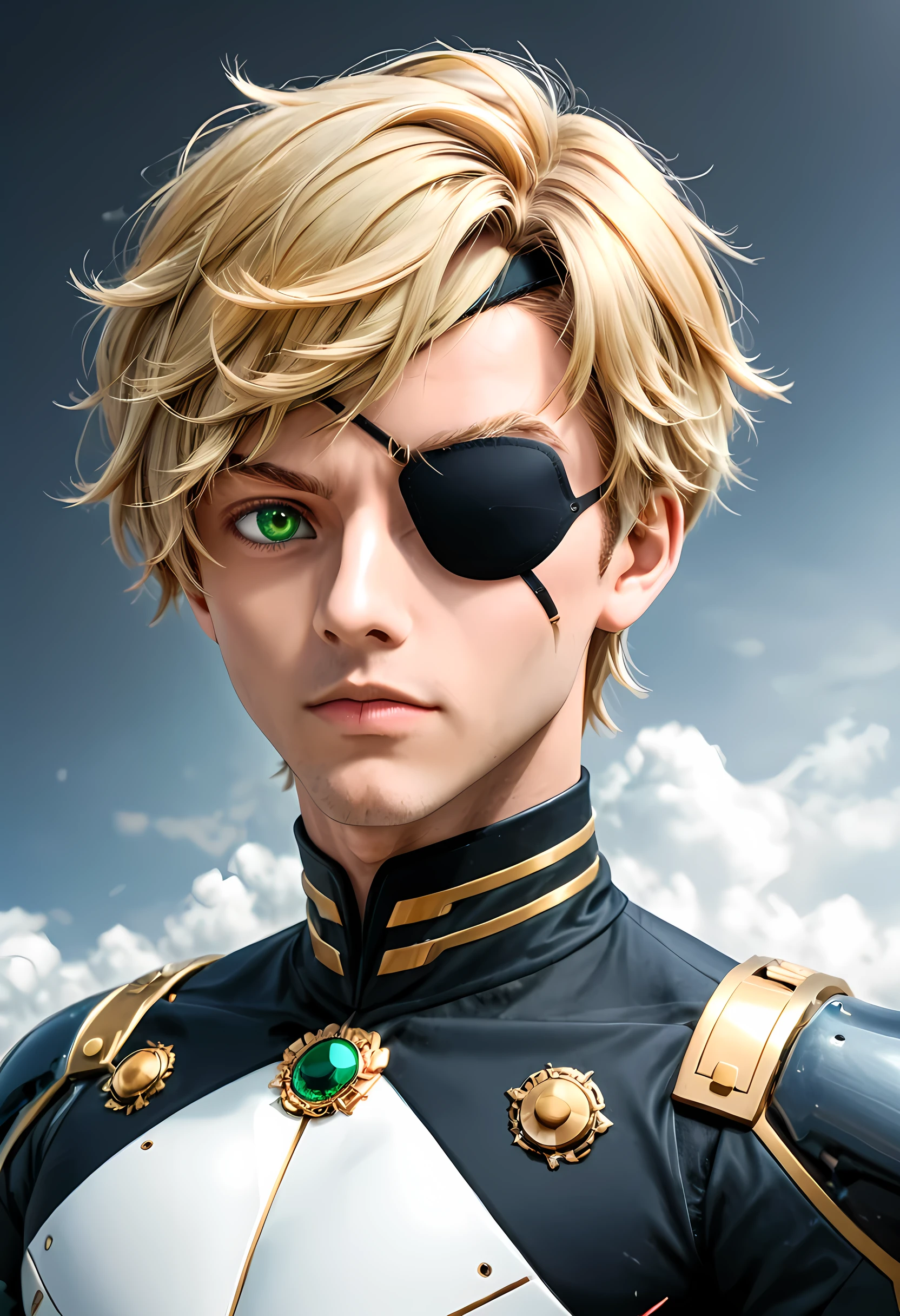 Arafed a picture of a human male spy, wearing dark suit, wearing ((mecha eye patch)), ((eye patch covering only one eye: 1.5))exquisite beautiful male, blond hair, short crop hair, green eyes, eye patch has intricate mechanical part in it, high society gala event background, (Masterpiece: 1.5), 16k, highres, best quality, high details, ultra detailed, masterpiece, best quality, (extremely detailed), 