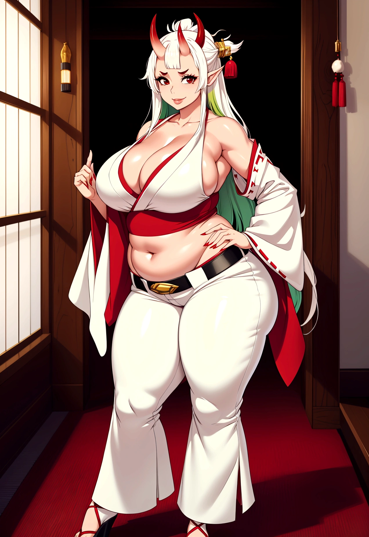 ((high aesthetic)), absurdres, absurd resolution, highly rated, highres, art by kipteitei, high resolution, best quality, masterpiece, full body, (facing viewer), 1girl, ((solo)), indoors, clothed, perfect face, perfect eyes, neneneji, tight outfit, smile, natural skin texture, 4k textures, hdr, intricate, highly detailed, puffy lips, thick lips, hyperdetailed, mature female, yamato\(one piece\), multicolored hair, white hair, green hair, oni horn , red horns, two horns, long hair, red eyes, skinny, white kimono top, red bottoms, pants