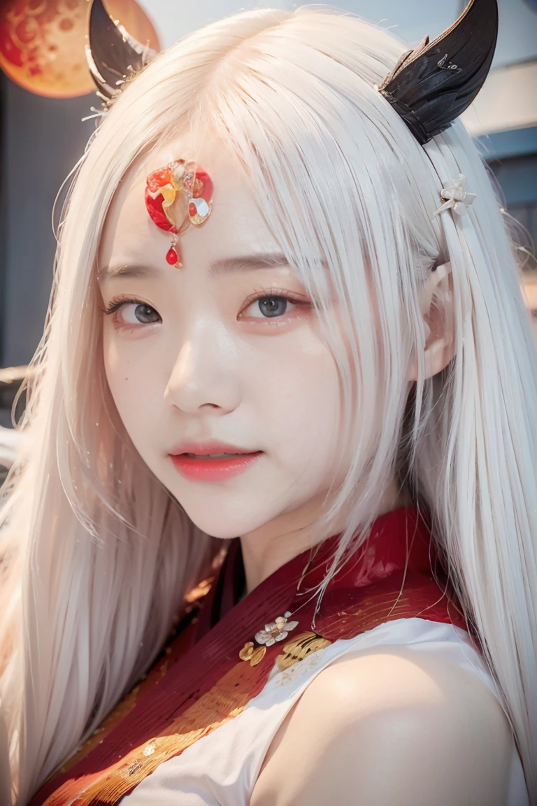 face lighting,bright backlight,super high resolution,best quality,Photos,4k,(Realistic:1.2),huiye,1girl,(kimono:1.1),(the third eye:1.3),horns,(pale skin:1.5),(white hair:1.2),long hair,(night:1.2),
(red moon:1.4),