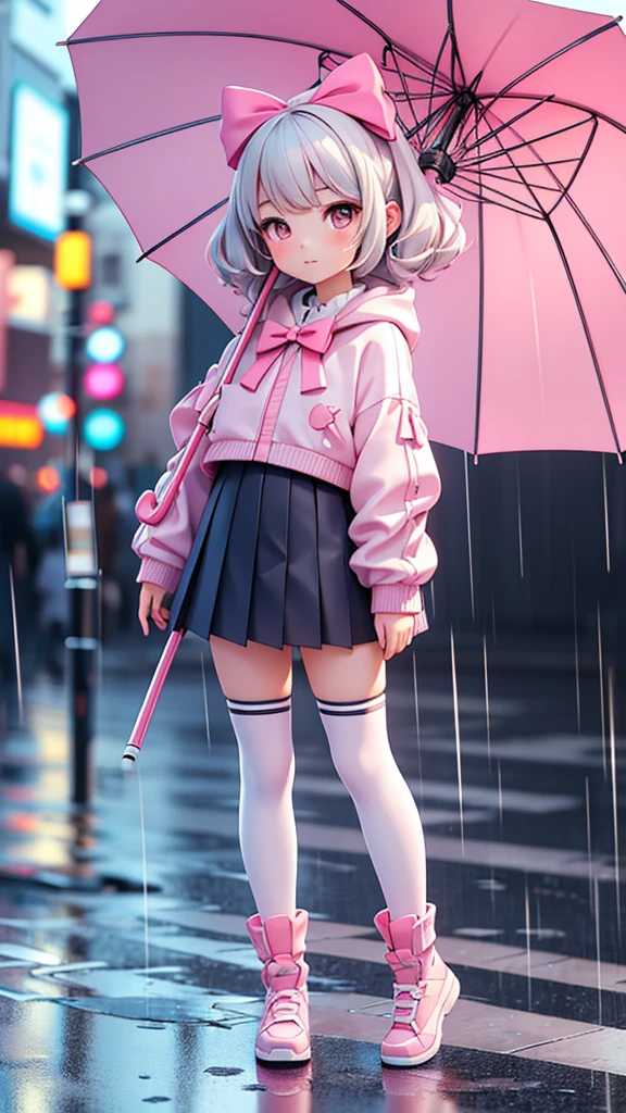 ((bishojo)), ((jk, girl)), ((puffy eyes)), (masterpiece), (top quality), (hyper detailed), (exquisite), (8k), (depth), (crisp), (beautiful and aesthetic), (super detailed skin), (high standard), (high resolution), (perfect anatomy), (realistic), (full body), (knee socks), (pink cheek), (light clothes), (bow in hair), (piercing), (on the street), (rain), (one hand, umbrella)
