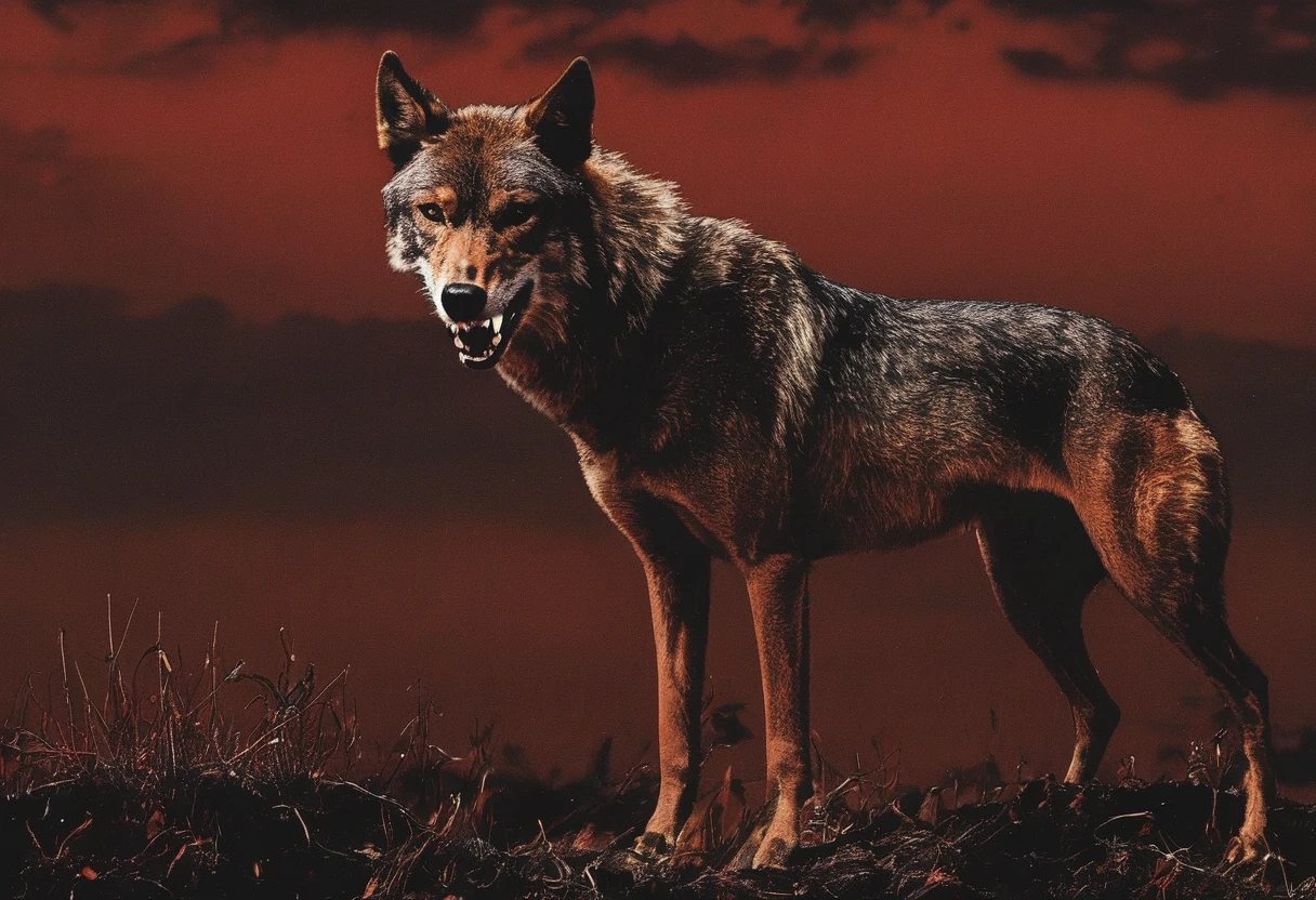 giant  anger red wolf in front of sunset
