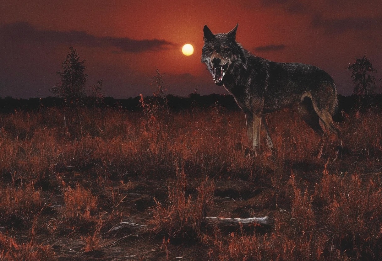 giant anger red wolf in front of sunset