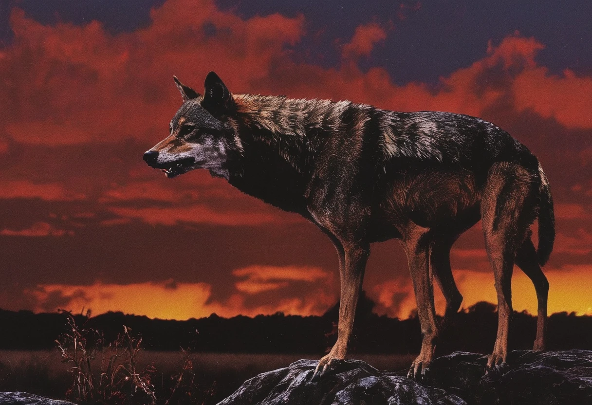 giant  anger red wolf in front of sunset
