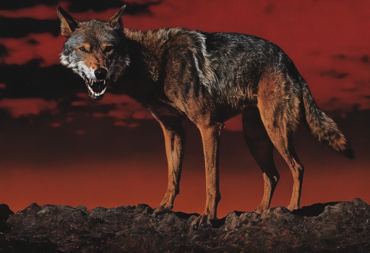 giant  anger red wolf in front of sunset
