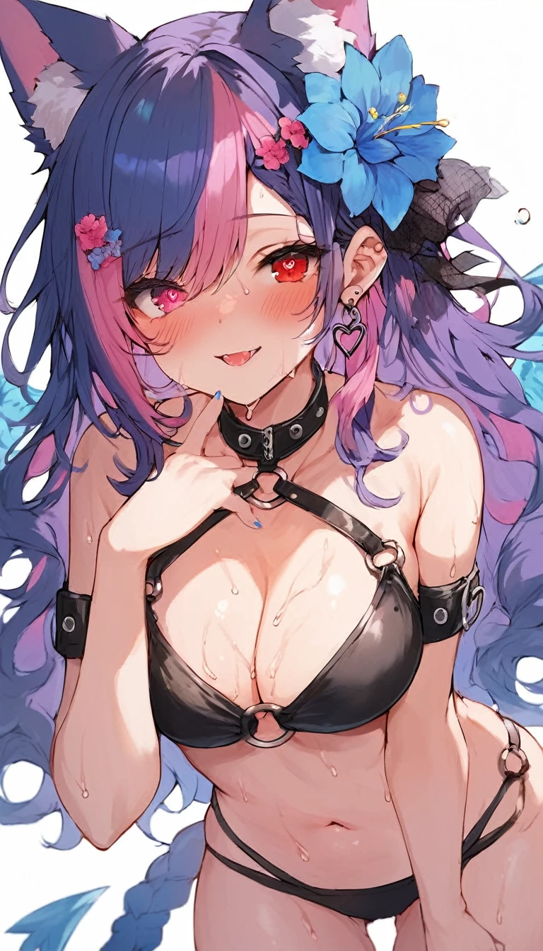 score_9, score_8_superior, score_7_superior, score_6_superior,the drawing has a naked woman wearing a long purple wig with blue hair and big tits, 1girl, animal ears, breasts, solo, long hair, navel, blush, heterochromia, swimsuit, bikini, flower, hair ornament, blue flower, hair flower, tail, sweat, heart, white background, multicolored hair, symbol-shaped pupils, red eyes, o-ring, simple background, cleavage