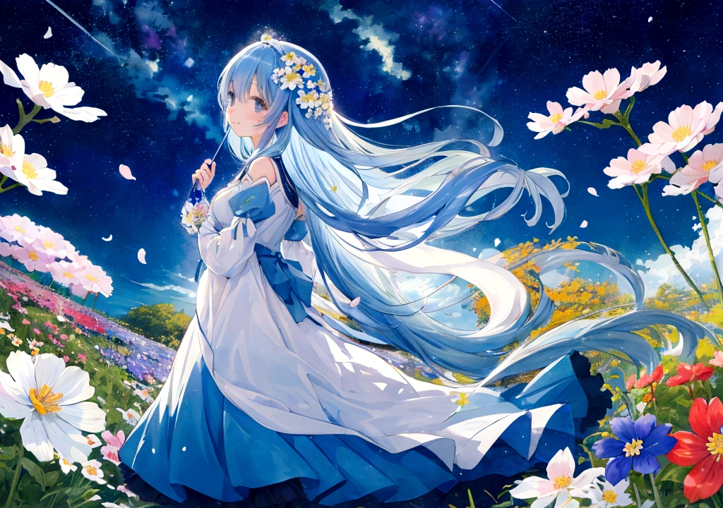 (High resolution、Very detailed、Hmph、movie)、alone、1 Girl、happiness、Girl Standing In Cosmos Flower Garden、Girl around the petals、Cute Smile、Esbian all over、Girl with long blue hair、Light blueの髪、Look forward、Fantasy、Official Art、Pop Art、profile、Very detailed顔、Very detailed目、Cosmos Flower Garden、Ultra Detailed Fields、White blue sky、 Light blue、Blanche、Nebula in the sky、Autumn foliage scenery、Watercolor、pastel colour