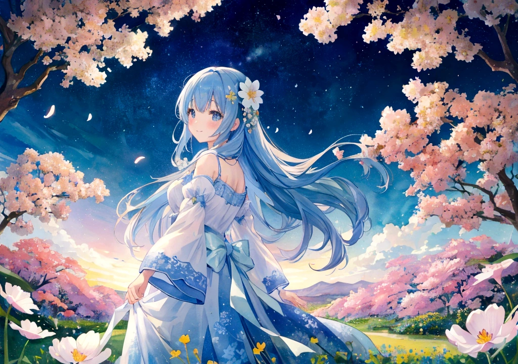 (High resolution、Very detailed、Hmph、movie)、alone、1 Girl、happiness、Girl Standing In Cosmos Flower Garden、Girl around the petals、Cute Smile、Esbian all over、Girl with long blue hair、Light blueの髪、Look forward、Fantasy、Official Art、Pop Art、profile、Very detailed顔、Very detailed目、Cosmos Flower Garden、Ultra Detailed Fields、White blue sky、 Light blue、Blanche、Nebula in the sky、Autumn foliage scenery、Watercolor、pastel colour