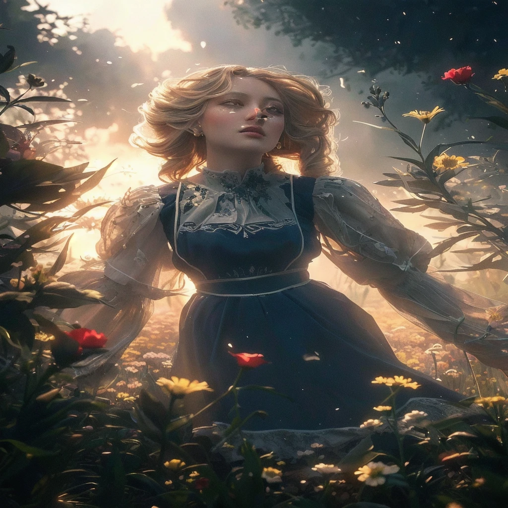 There is a woman in a dress standing in a flower field, Amazing digital illustrations, Beautiful digital art, Beautiful digital illustrations, Highly detailed digital art in 4K, society ), dawn society, Exquisite digital illustrations, epic digital art illustration, 🌺 society, society 9, deviantart artstation cgscosiety, 4K Detailed Digital Art, Fantasy Art Behance