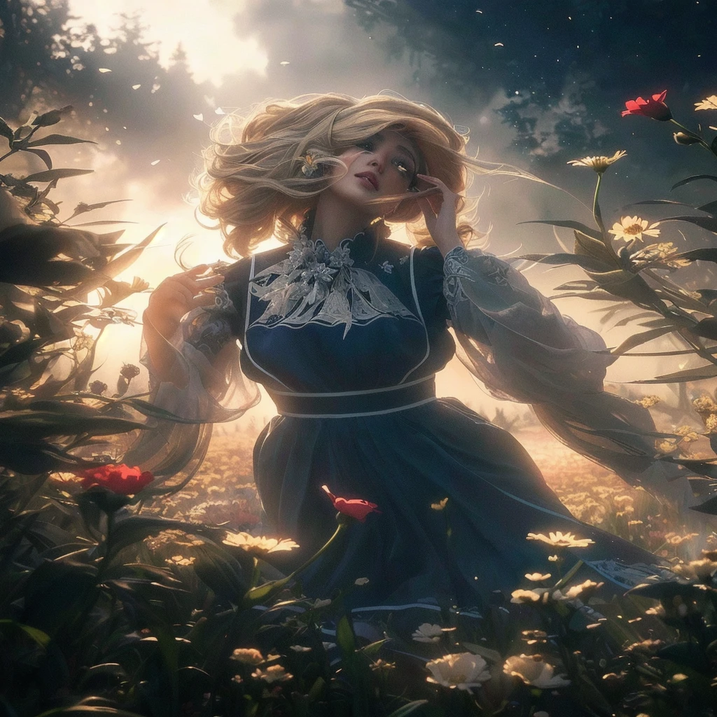 There is a woman in a dress standing in a flower field, Amazing digital illustrations, Beautiful digital art, Beautiful digital illustrations, Highly detailed digital art in 4K, society ), dawn society, Exquisite digital illustrations, epic digital art illustration, 🌺 society, society 9, deviantart artstation cgscosiety, 4K Detailed Digital Art, Fantasy Art Behance