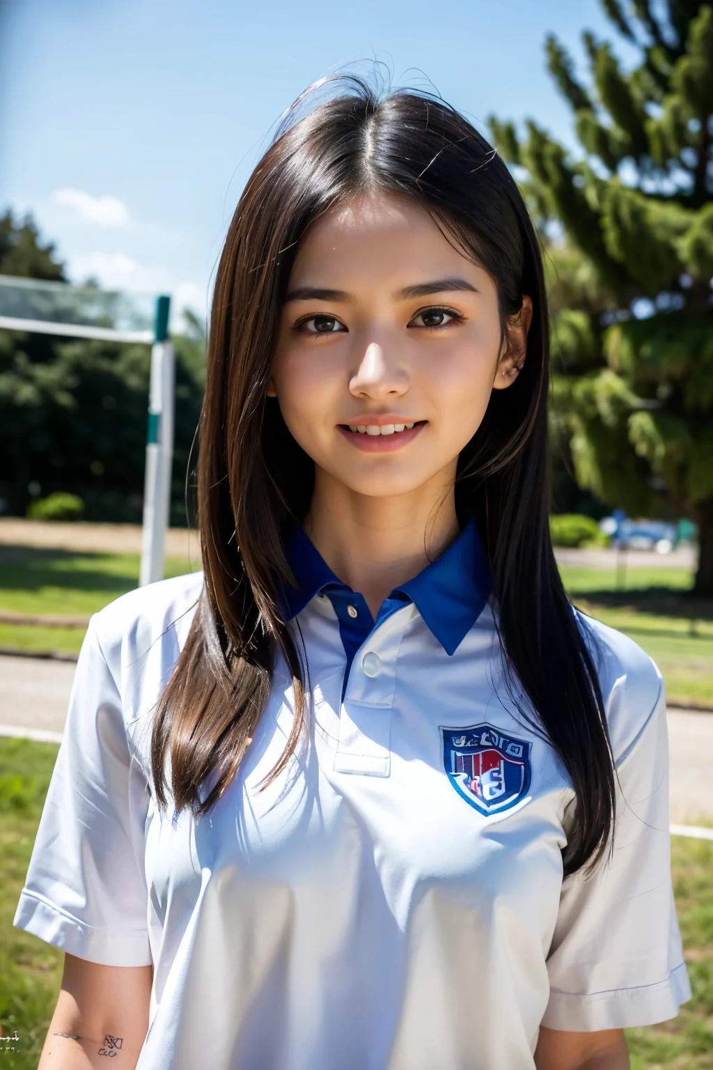((Highest quality, masterpiece, Ultra-high resolution, (Realistic:1.4), RAW Photos)), Esbian all over, One Girl, Famous idols of Japan, , Volleyball Uniforms、 View Viewer, Very cute face, Kind eyes、Very beautiful black hair, Long Bob Hair、Detailed face, Fine grain, Fine hair, A girl with a pure and innocent image, Laughter、