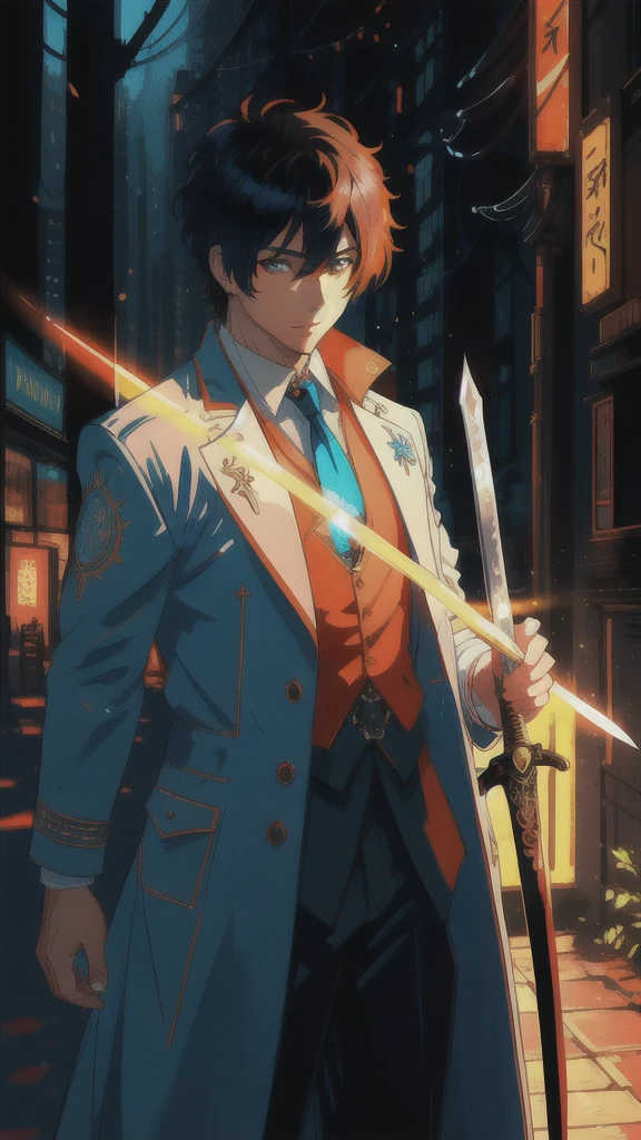 {masterpiece}, {best quality}, {{oil painting}} , {{wallpaper 8k CG}}, {realistic}, Concept Art, {{cyberpunk}}, vary blue and red and orange and cyan hard light, intricate light, portrait of a human male with black hair and sword in a forest at night with lights and buildings ancient in the background, white and intricate clothes, dynamic hair, haircut, dynamic fuzziness, handsome and aesthetic, intricate light, manga and anime,