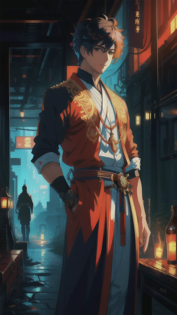 {masterpiece}, {best quality}, {{oil painting}} , {{wallpaper 8k CG}}, {realistic}, Concept Art, {{cyberpunk}}, vary blue and red and orange and cyan hard light, intricate light, portrait of a human male with black hair and sword in a forest at night with lights and buildings ancient in the background, white and intricate clothes, dynamic hair, haircut, dynamic fuzziness, handsome and aesthetic, intricate light, manga and anime,