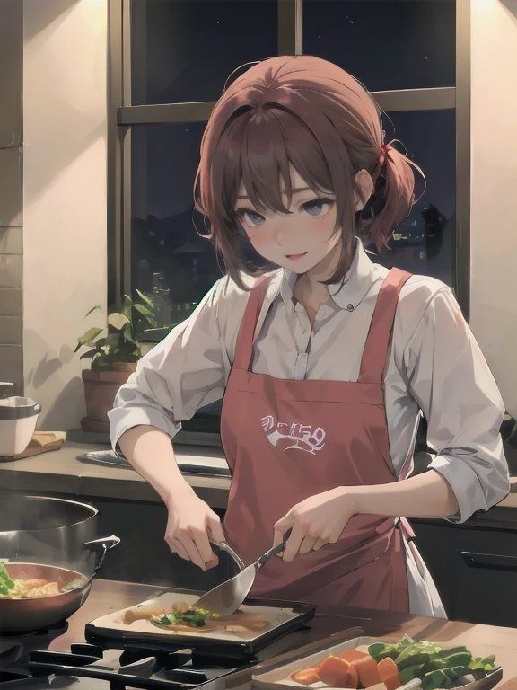 Masterpiece, best quality, A cute anime lofi girl cooking dinner at home during the night, stunning anime 
