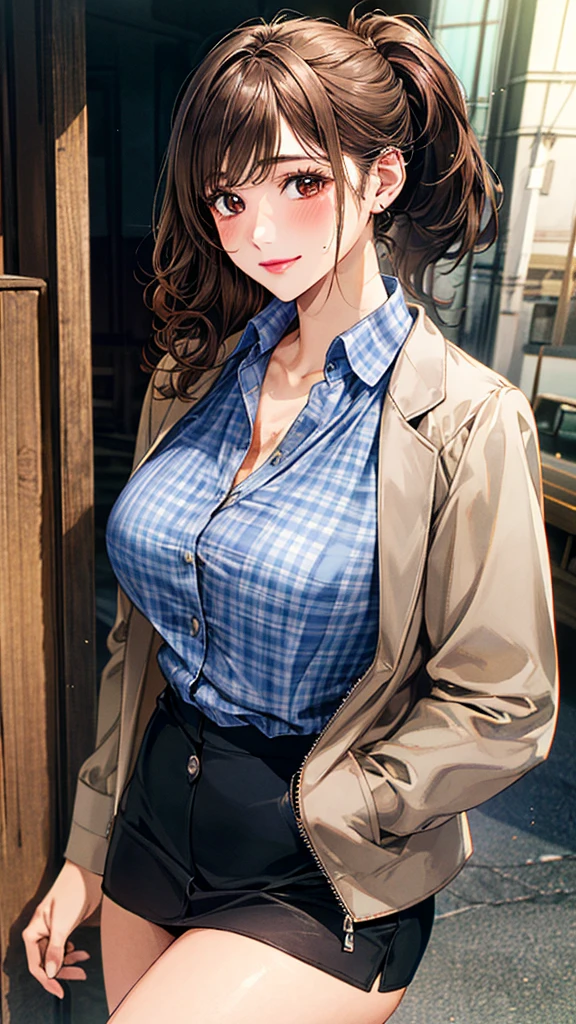 (masterpiece:1.2, Highest quality), (Realistic, photoRealistic:1.4), Beautiful illustrations, (Natural Side Lighting, Cinema Lighting), ,
View your audience, 1 Girl, Japanese, Perfect Face, Cute and symmetrical face, Shiny skin, Round face, (Sunburn, Sunburn跡),
(Long Hair, Curly Hair, ponytail, Brown Hair), Brown eyes, (Droopy eyes), Long eyelashes, Pink Lip, (Big Breasts, Thick thighs),
Beautiful Hair, Beautiful Face, Beautiful details, Beautiful clavicle, Beautiful body, Beautiful breasts, Beautiful thighs, Beautiful legs, Beautiful fingers,
Button-down shirt, ((Blue checked shirt, Unbuttoned shirt, open brown zipper jacket)), leather jacket, red and black skirt, Hair Ribbon,
(Beautiful views), morning, (village, wood), Are standing, (Captivating smile),