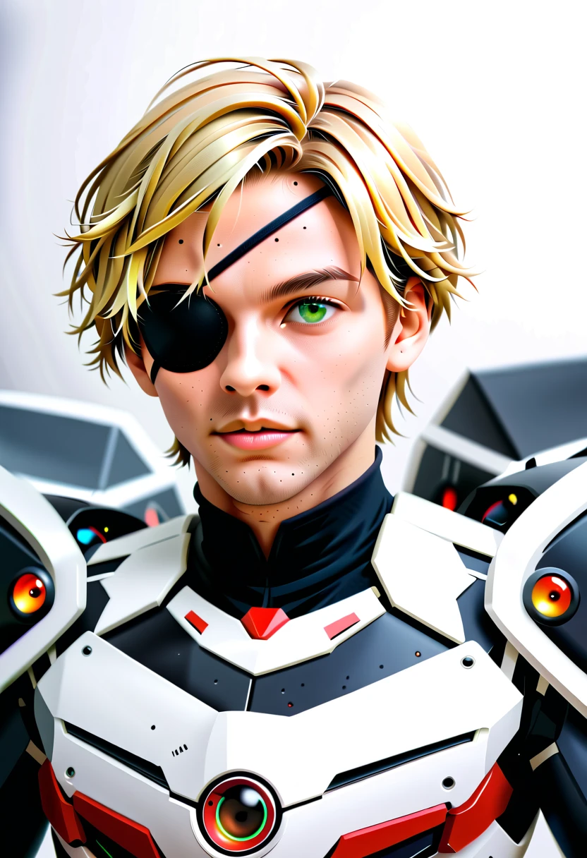 Arafed a picture of a human male spy, wearing dark suit, wearing ((mecha eye patch, eye patch covering only one eye: 1.5))exquisite beautiful male, blond hair, short crop hair, green eyes, eye patch has intricate mechanical part in it, high society gala event background, (Masterpiece: 1.5), 16k, highres, best quality, high details, ultra detailed, masterpiece, best quality, (extremely detailed), 