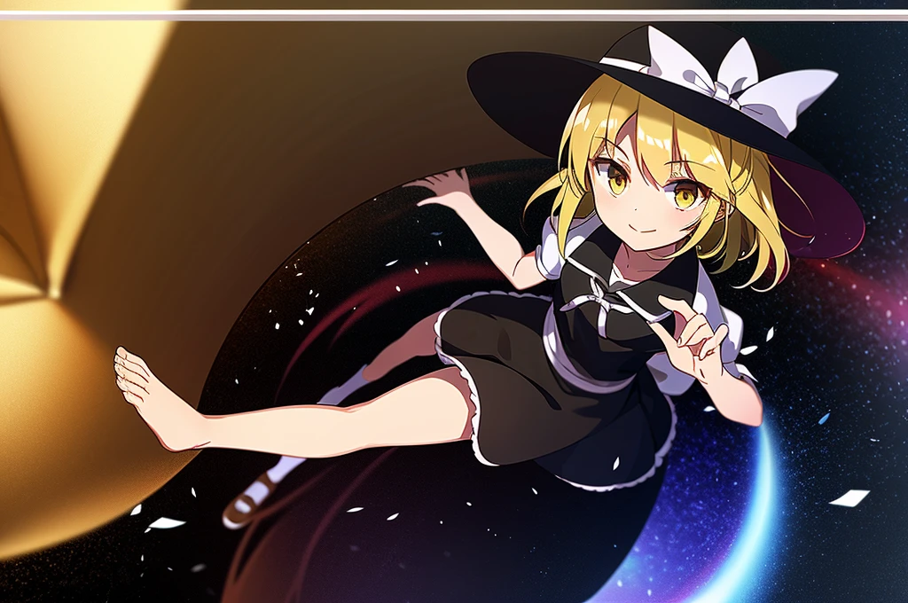 1girl, , , masterpiece, best quality, , medium blonde hair, forehead visible bags, yellow eyes, hat, heart, black headwear, puffy short sleeves, log black skirt, heart hads,,1girl, solo, yellow eyes, yellow hair, bow, hat bow, socks, black footwear, black skirt, short sleeves, yuki (touhou), black vest, white sleeves, frill skirt, light smile