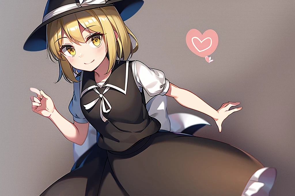 1girl, , , masterpiece, best quality, 10 years old, medium blonde hair, forehead visible bags, yellow eyes, hat, heart, black headwear, puffy short sleeves, log black skirt, heart hads,,1girl, solo, yellow eyes, yellow hair, bow, hat bow, socks, black footwear, black skirt, short sleeves, yuki (touhou), black vest, white sleeves, frill skirt, light smile