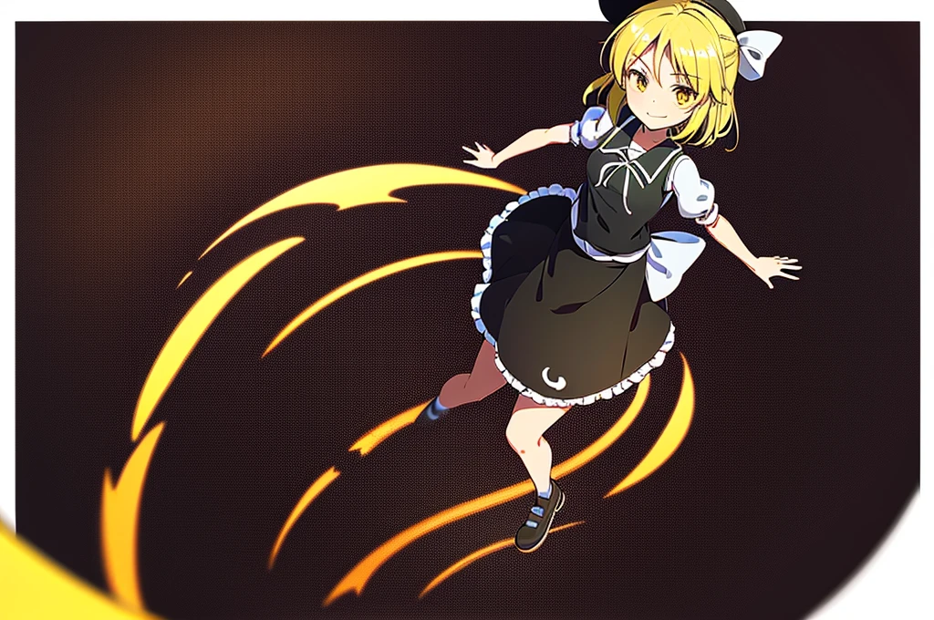 1girl, , , masterpiece, best quality, 10 years old, medium blonde hair, forehead visible bags, yellow eyes, hat, heart, black headwear, puffy short sleeves, log black skirt, heart hads,,1girl, solo, yellow eyes, yellow hair, bow, hat bow, socks, black footwear, black skirt, short sleeves, yuki (touhou), black vest, white sleeves, frill skirt, light smile
