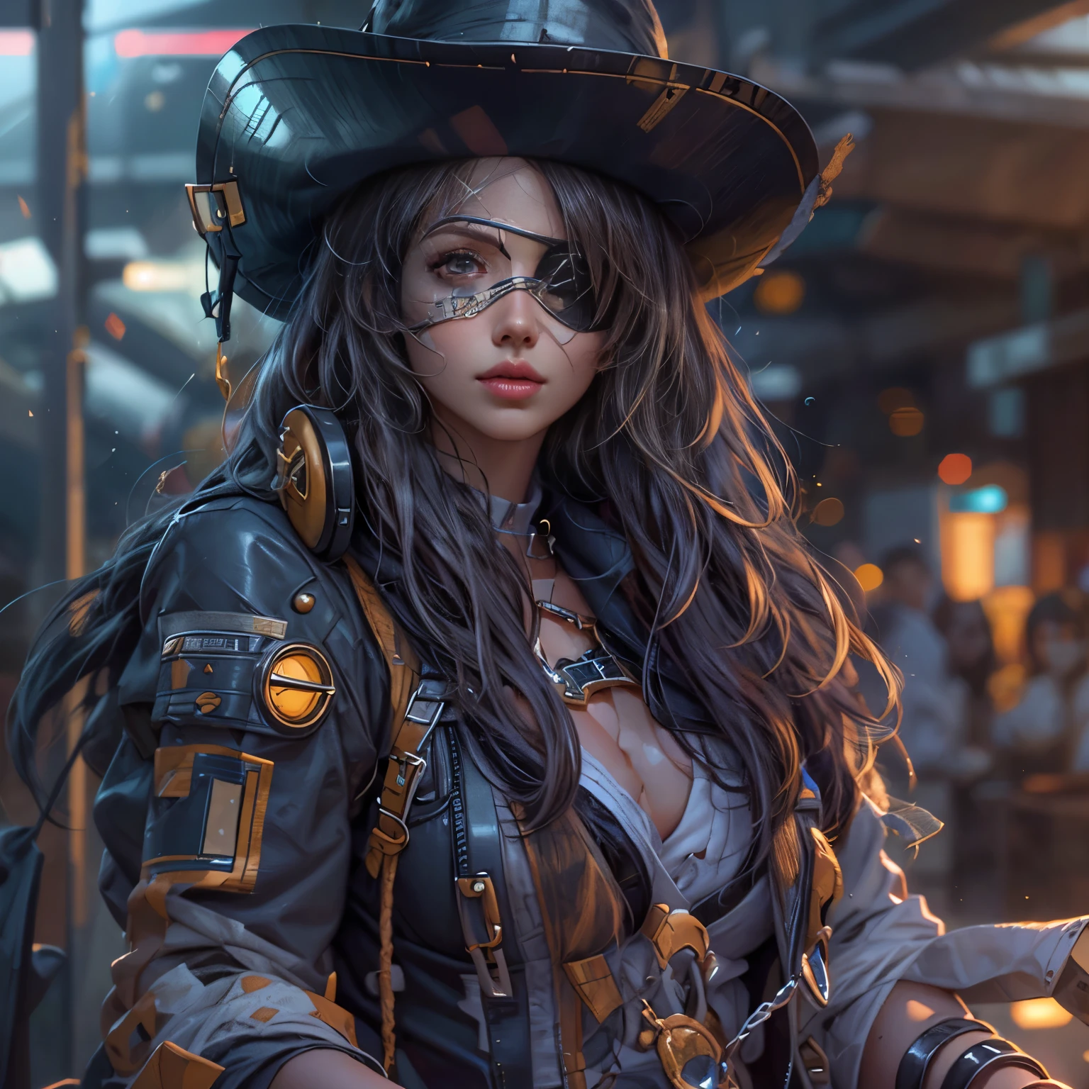 (Eyepatch on left eye:1.８)、(Cowboy Shot:1.4)、Beautiful Young Woman Space Pirate、Beautiful detailed right eye、Long detailed eyelashes、Dreadlocks、Ideal proportions、Large Breasts、Spaceship、Spaceport、arms、gun、knife、sword、Sensual pose、Provocative pose、(Highest quality、4k、8k、High resolution、masterpiece:1.2)、Super detailed、(Real、Photorealistic、Photorealistic:1.37)、Cinematic lighting、Dramatic lighting、Bright colors、Very detailed、SF、cyber punk、Digital Art、mynatalee woman