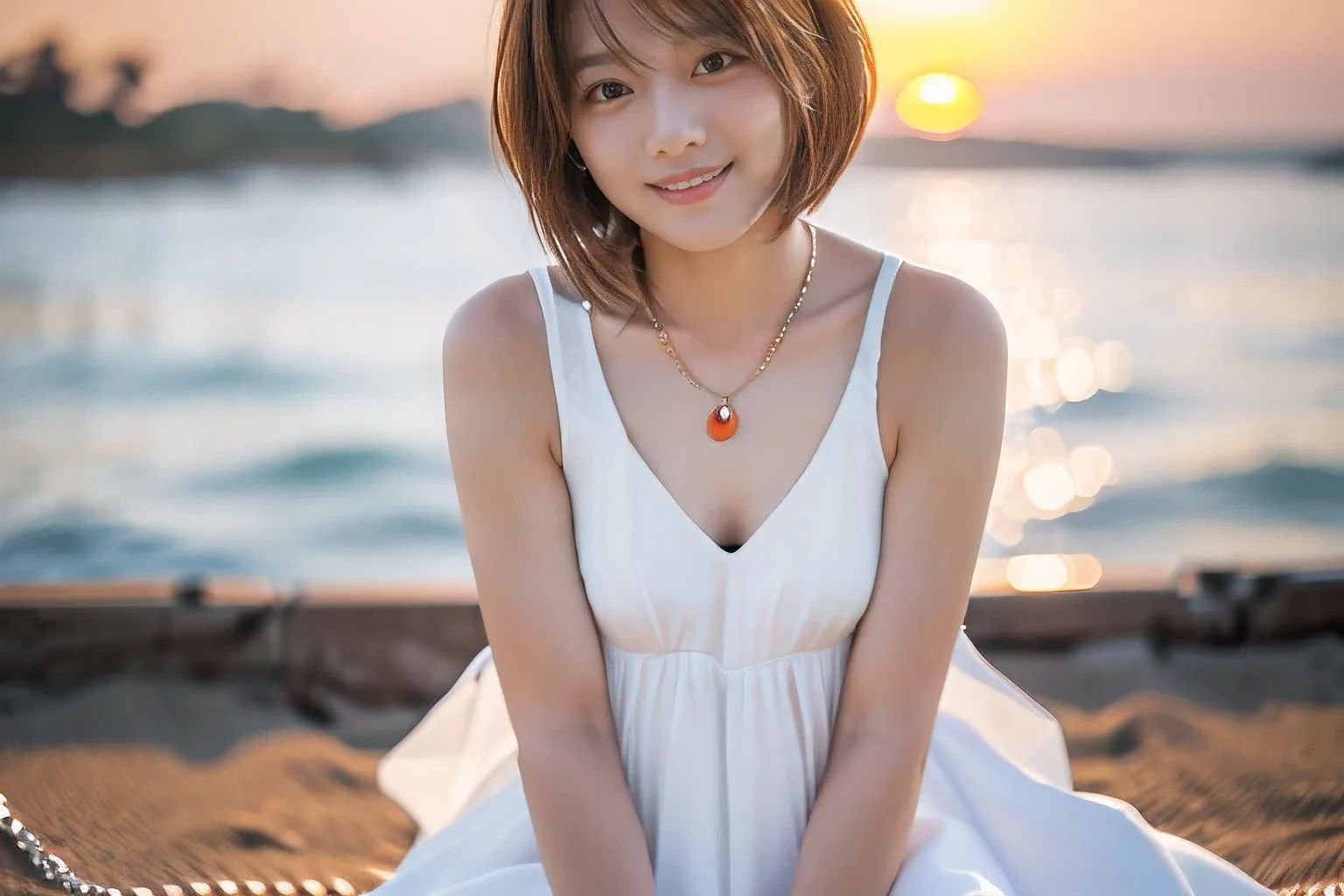 (Standing on the beach watching the sunset:1.5)、(A kind smile:1.5)、(18-year-old female:1.5)、(The best quality at its best:1.4), (Super detailed), (Very detailed CG unified 16k), Beautiful woman with perfect figure: 1.4, Sharp focus: 1.2, Very detailed, High-quality RAW color photos, Professional photography, Great face and eyes, cosmetics, (Amazingly beautiful girl), ((Cute white dress:1.5)), Realistic movie faces, Full body long view from head to toe, Realistic, ((Realistic natural orange red hairstyle)), ( Short Bob Hair:1.5), (necklace:1.5)、, Very beautiful face, Perfect model beauty, Mouth swelling, Highly detailed face and skin texture, Fine grain, double eyelid, Medium chest, (masterpiece), Highest quality, High resolution, Very detailed, Blurred Background, Depth of written boundary, Cinema Lighting, Great legs, , Clear, well-maintained skin,((Full body shot from head to toe:1.5))
